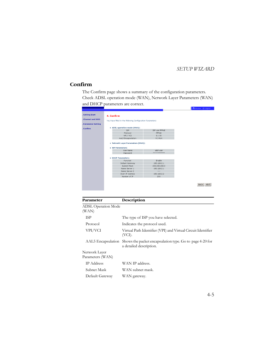 Confirm, Confirm -5, Setup wizard 4-5 confirm | SMC Networks AR4505GW User Manual | Page 43 / 116