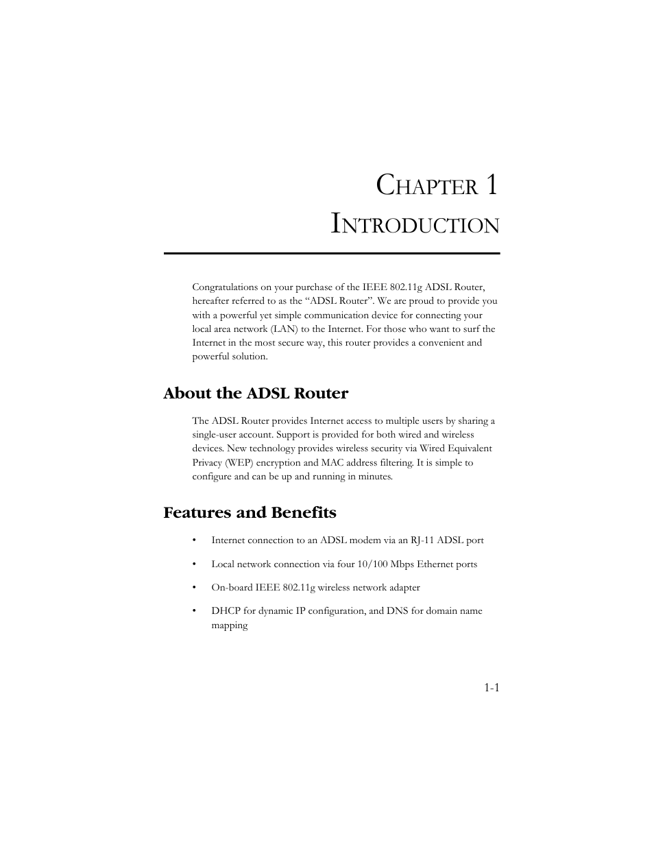 Chapter 1 introduction, About the adsl router, Features and benefits | About the adsl router -1 features and benefits -1, Hapter, Ntroduction | SMC Networks AR4505GW User Manual | Page 7 / 116