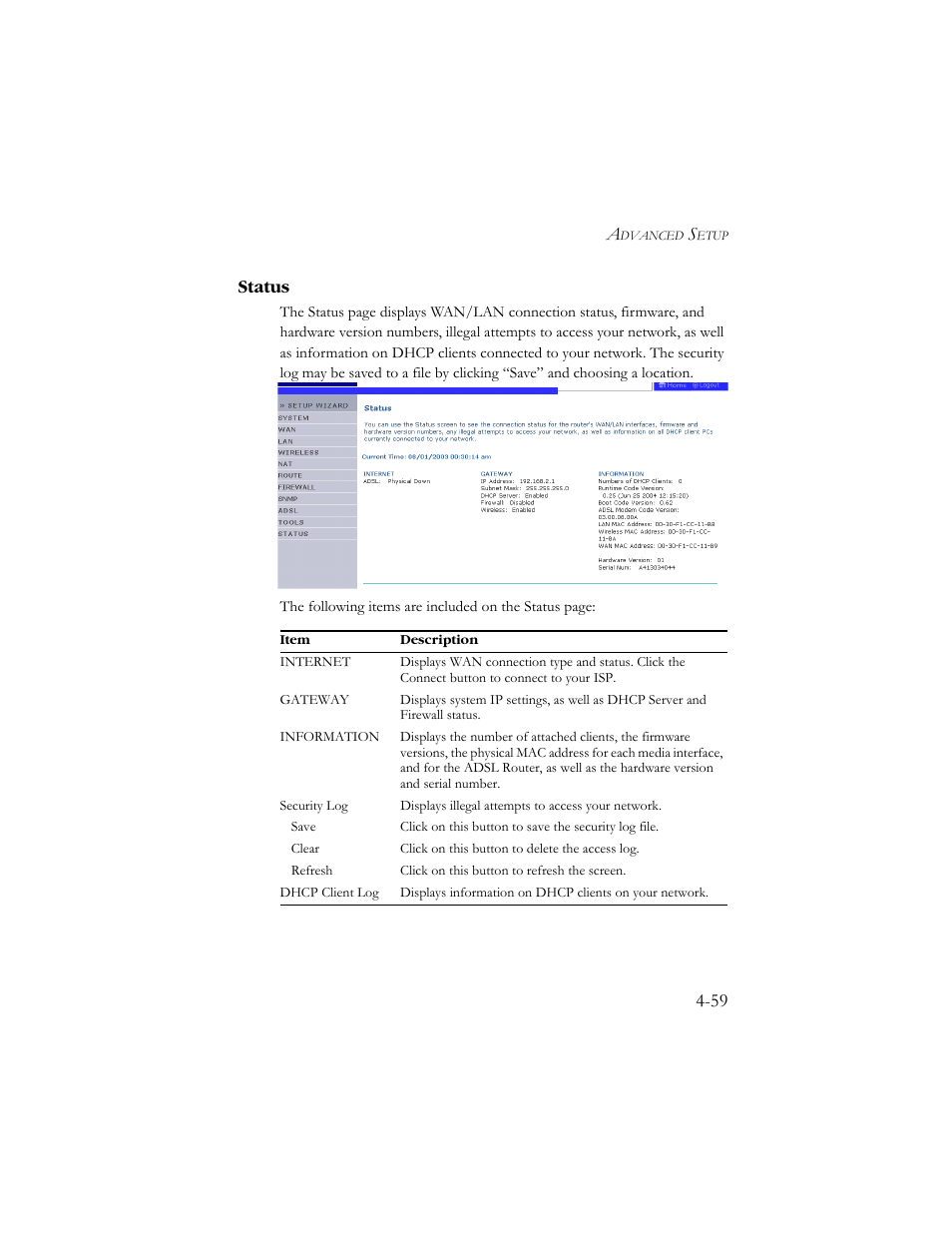 Status, Status -59, 59 status | SMC Networks AR4505GW User Manual | Page 97 / 116