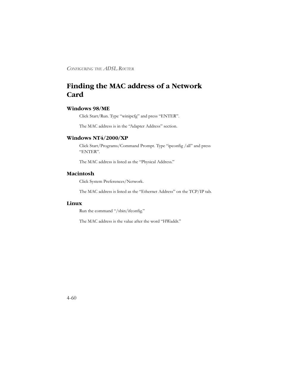 Finding the mac address of a network card, Windows 98/me, Windows nt4/2000/xp | Macintosh, Linux, Finding the mac address of a network card -60 | SMC Networks AR4505GW User Manual | Page 98 / 116