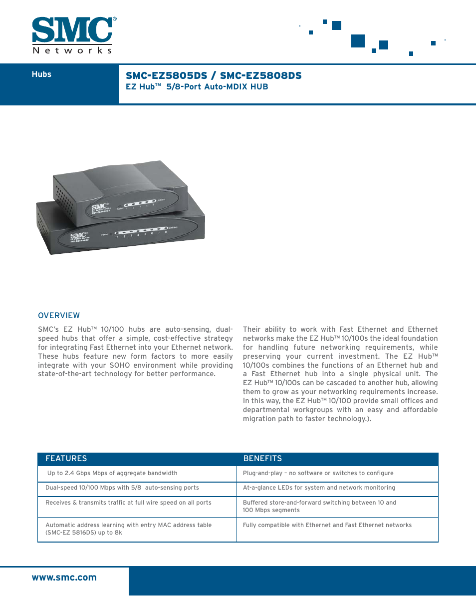 SMC Networks SMC EZ Hub 10/100 SMC-EZ5805DS User Manual | 2 pages