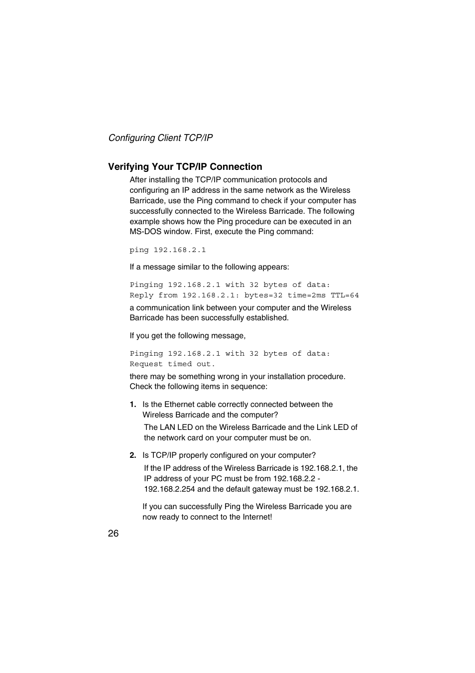 Verifying your tcp/ip connection | SMC Networks Barricade SMC7004VWBR V.2 User Manual | Page 30 / 82