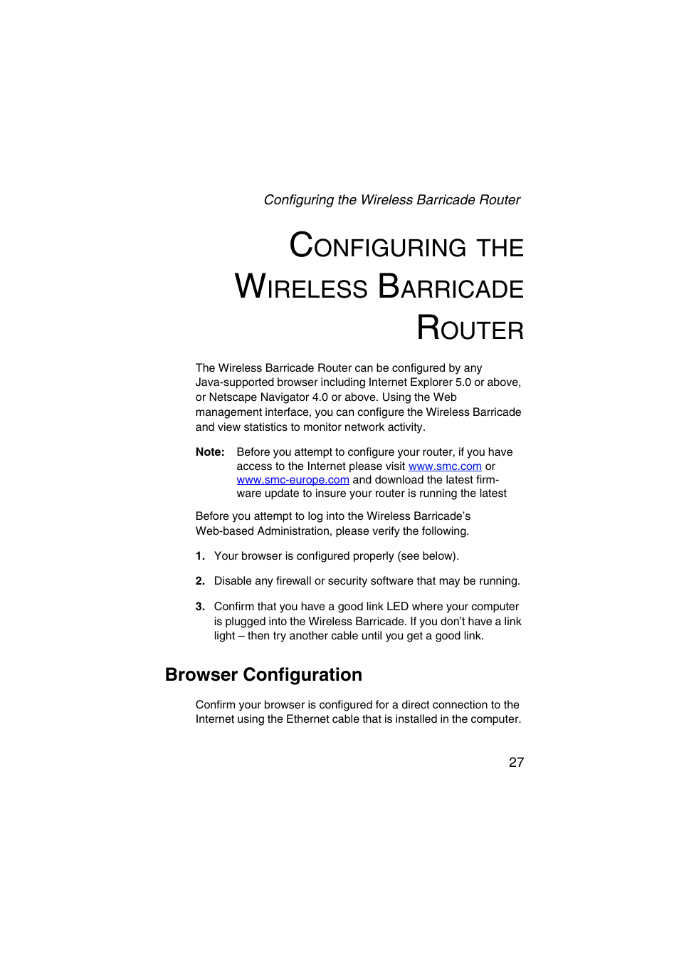 Configuring the wireless barricade router, Browser configuration, Onfiguring | Ireless, Arricade, Outer | SMC Networks Barricade SMC7004VWBR V.2 User Manual | Page 31 / 82