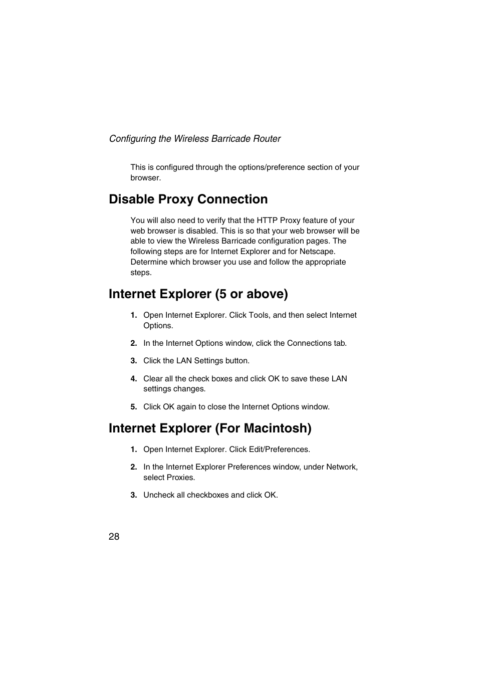 Disable proxy connection, Internet explorer (5 or above), Internet explorer (for macintosh) | SMC Networks Barricade SMC7004VWBR V.2 User Manual | Page 32 / 82