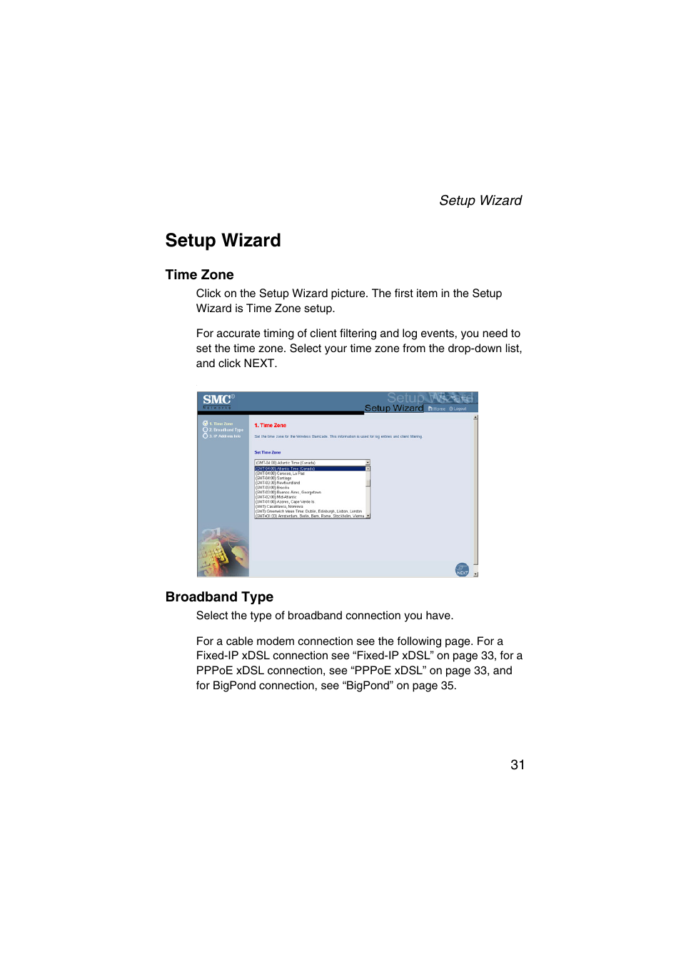 Setup wizard, Time zone, Broadband type | SMC Networks Barricade SMC7004VWBR V.2 User Manual | Page 35 / 82