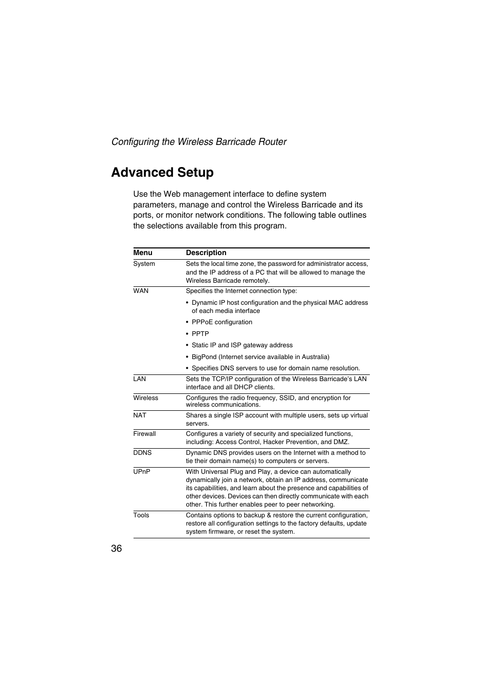 Advanced setup, Configuring the wireless barricade router 36 | SMC Networks Barricade SMC7004VWBR V.2 User Manual | Page 40 / 82