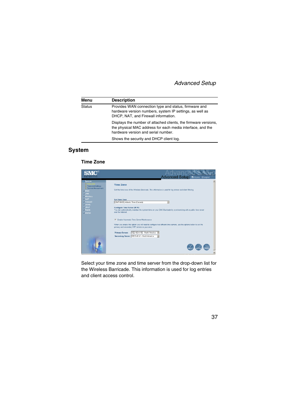 System, Advanced setup 37 system | SMC Networks Barricade SMC7004VWBR V.2 User Manual | Page 41 / 82