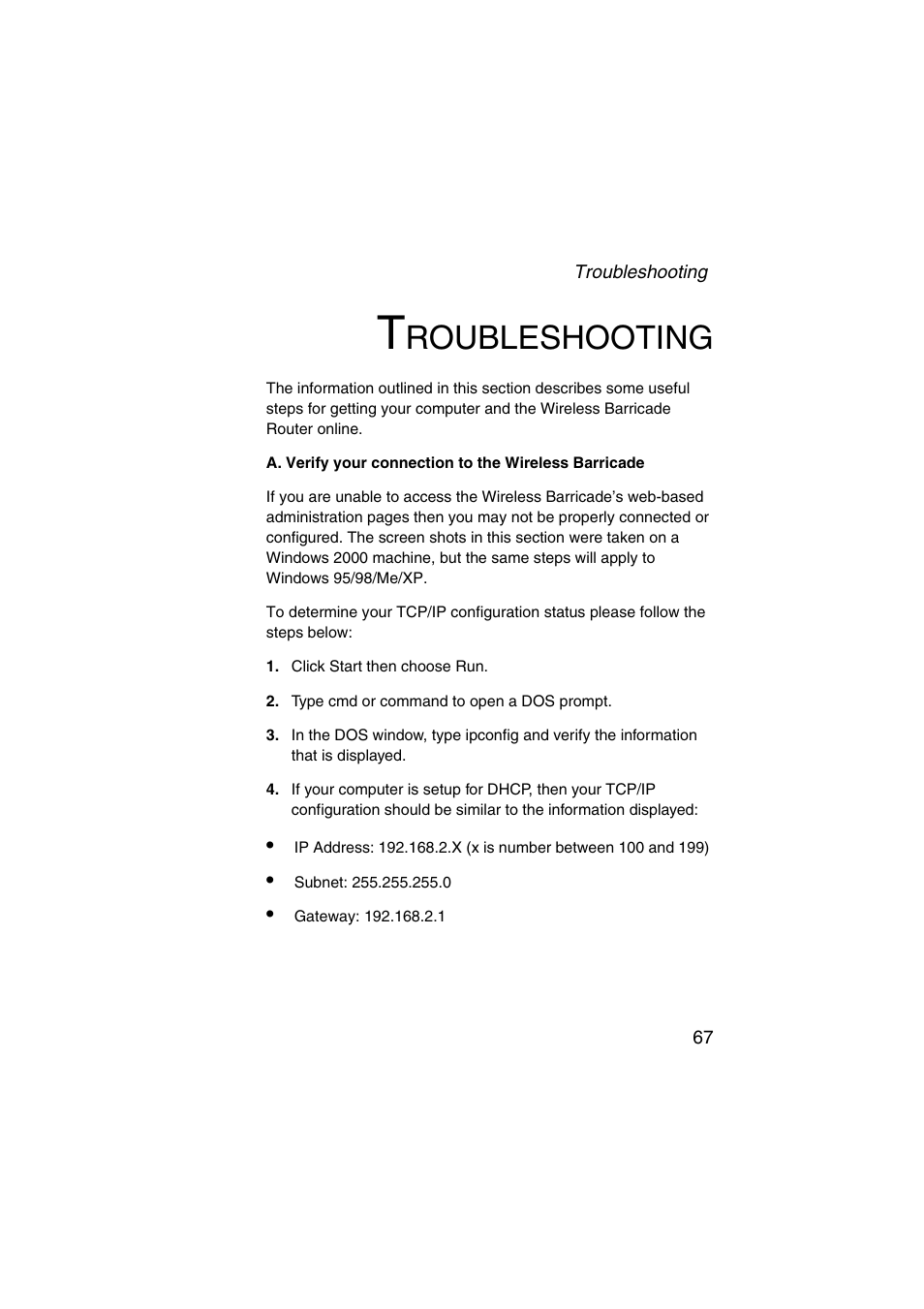 Troubleshooting, Roubleshooting | SMC Networks Barricade SMC7004VWBR V.2 User Manual | Page 71 / 82