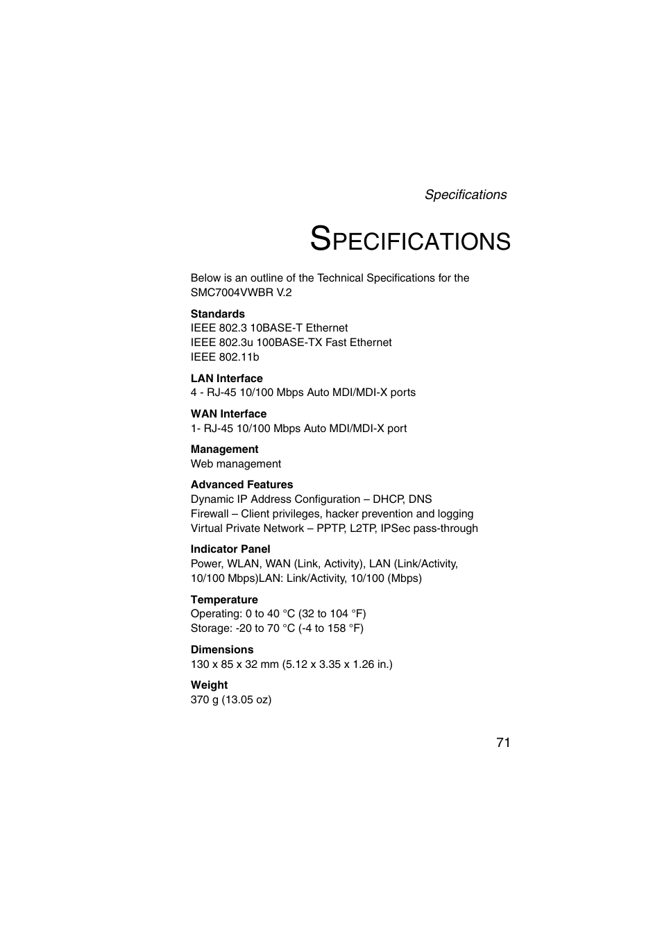 Specifications, Pecifications | SMC Networks Barricade SMC7004VWBR V.2 User Manual | Page 75 / 82