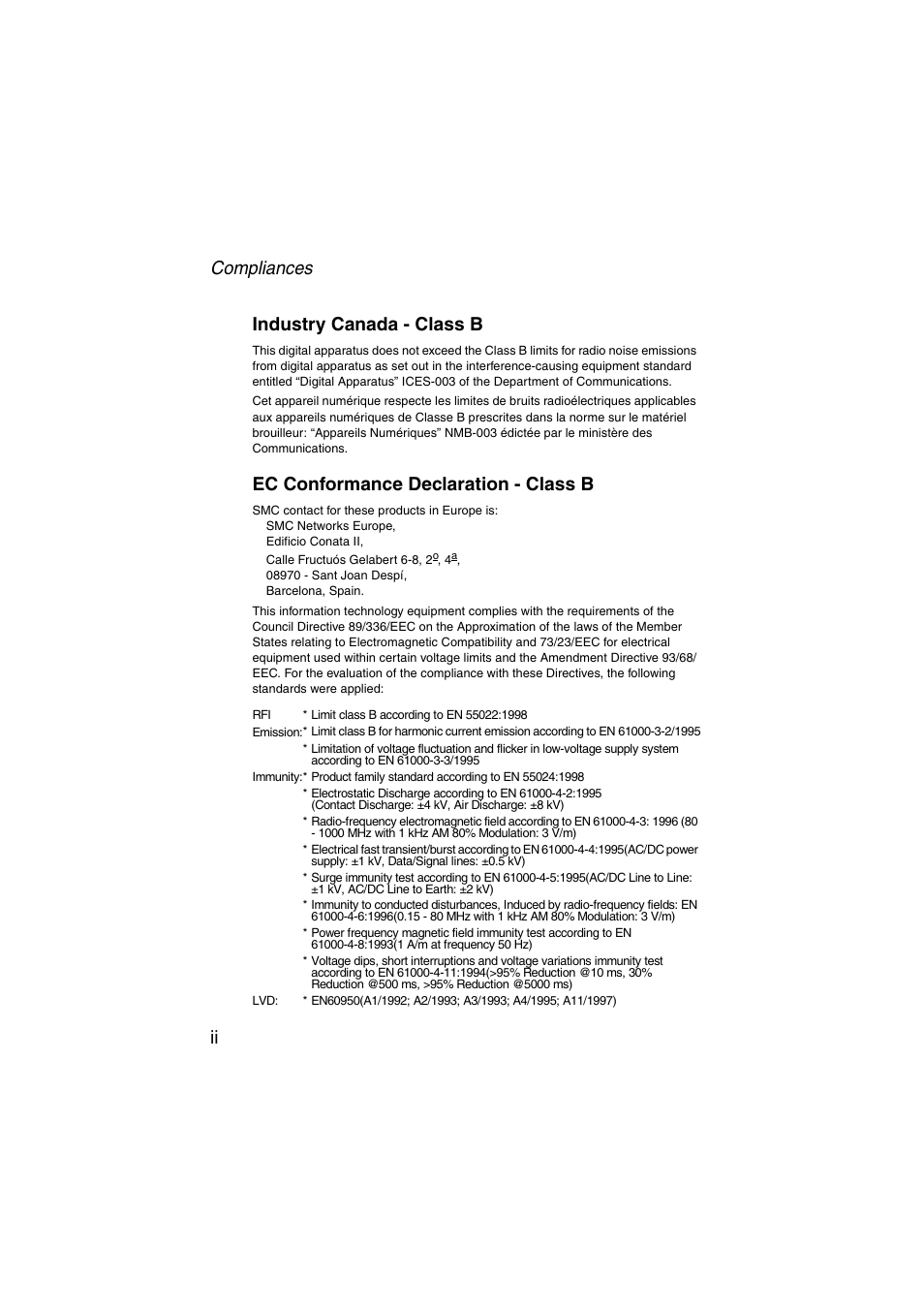 Compliances ii industry canada - class b, Ec conformance declaration - class b | SMC Networks Barricade SMC7004VWBR V.2 User Manual | Page 78 / 82