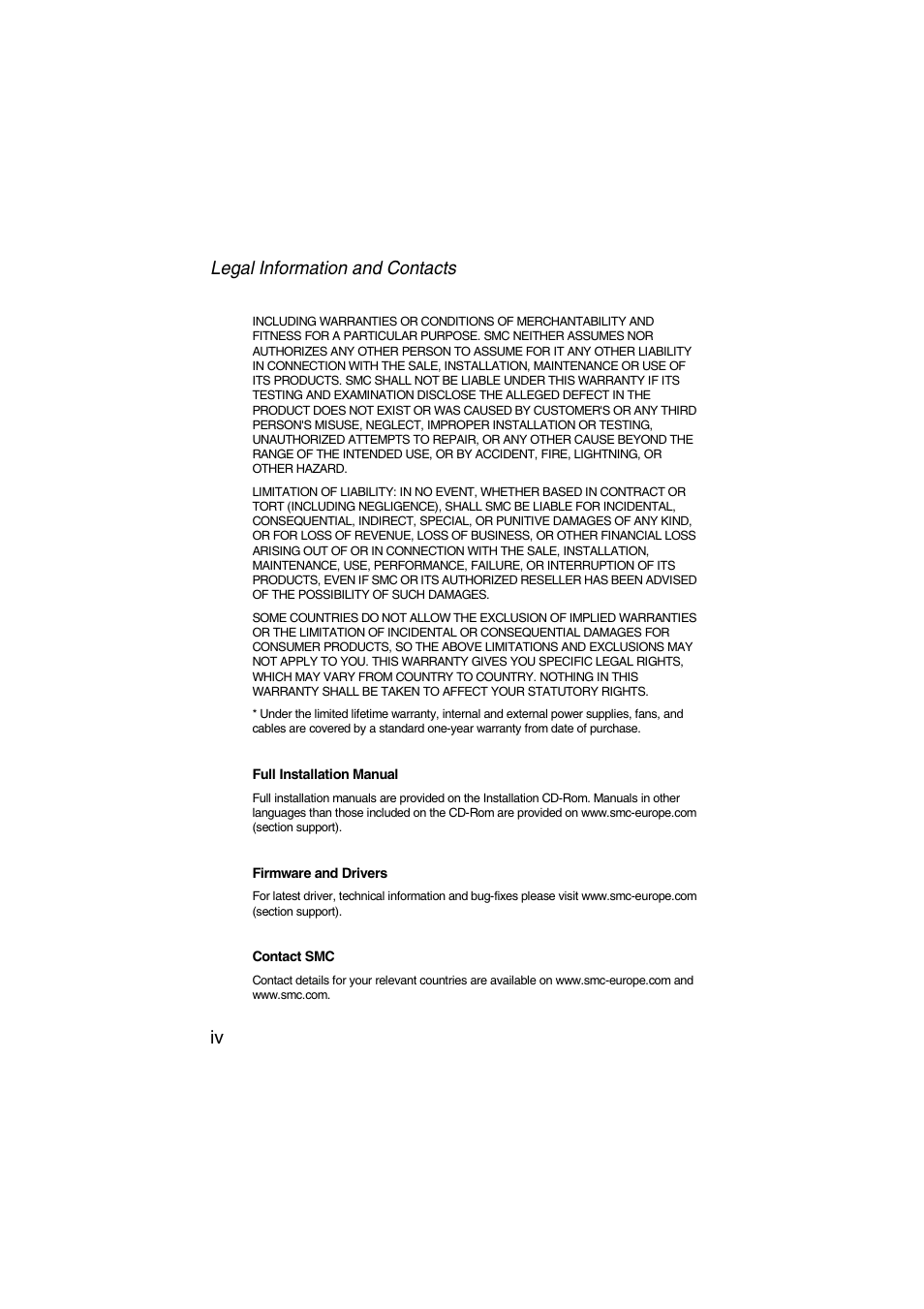 Legal information and contacts iv | SMC Networks Barricade SMC7004VWBR V.2 User Manual | Page 80 / 82
