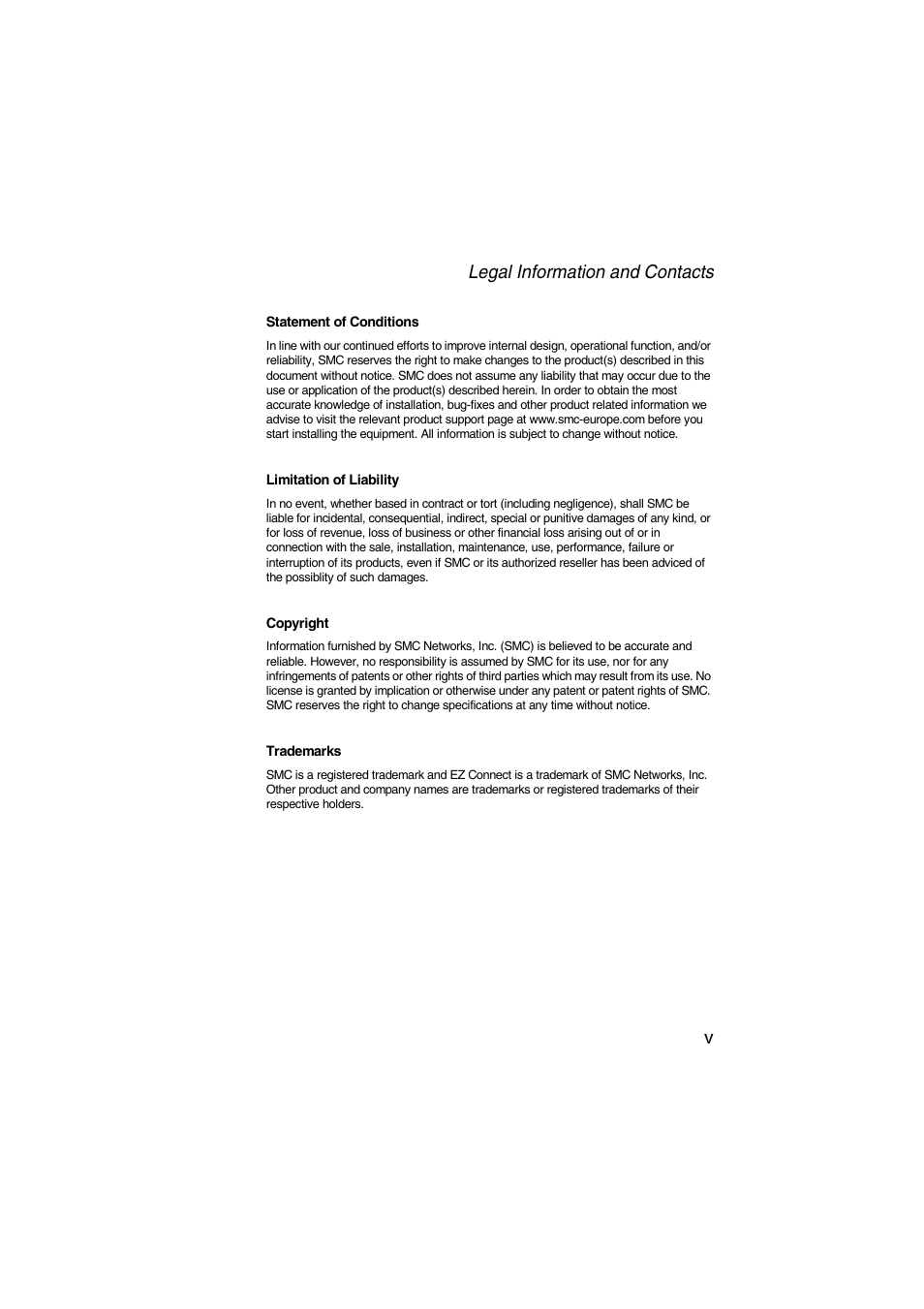 Legal information and contacts v | SMC Networks Barricade SMC7004VWBR V.2 User Manual | Page 81 / 82