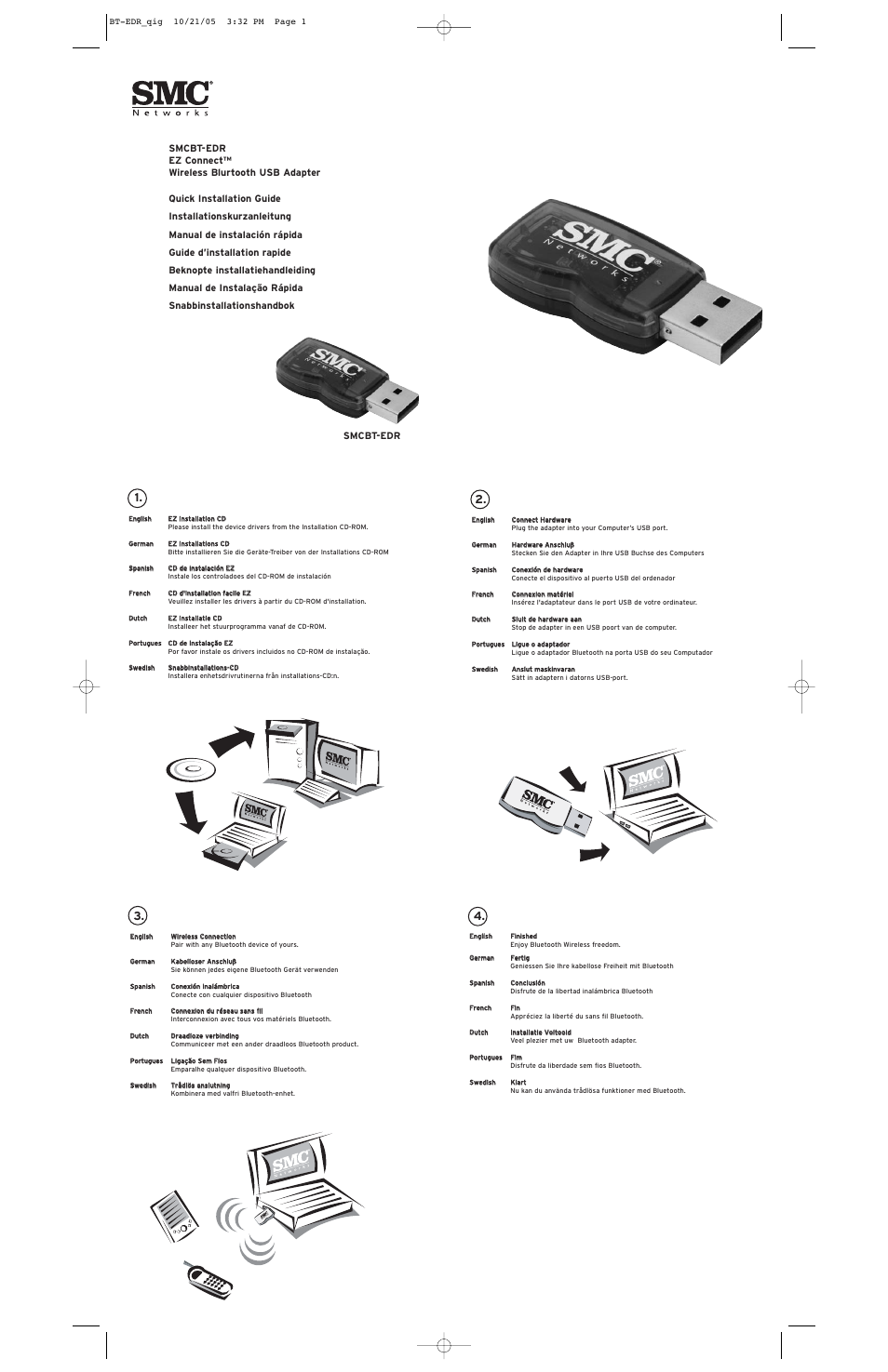 SMC Networks SMC EZ Connect Wireless Bluetooth USB Adapter SMCBT-EDR User Manual | 2 pages