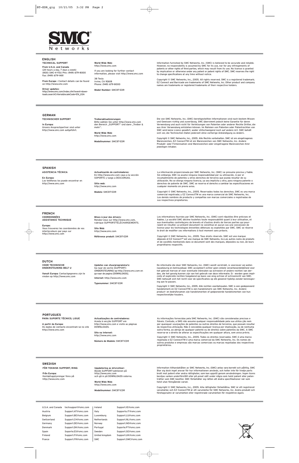 SMC Networks SMC EZ Connect Wireless Bluetooth USB Adapter SMCBT-EDR User Manual | Page 2 / 2