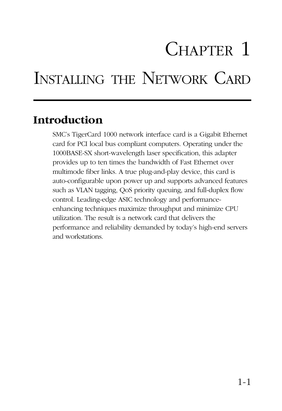 Chapter 1 installing the network card, Introduction | SMC Networks TigerCard 1000 User Manual | Page 10 / 58