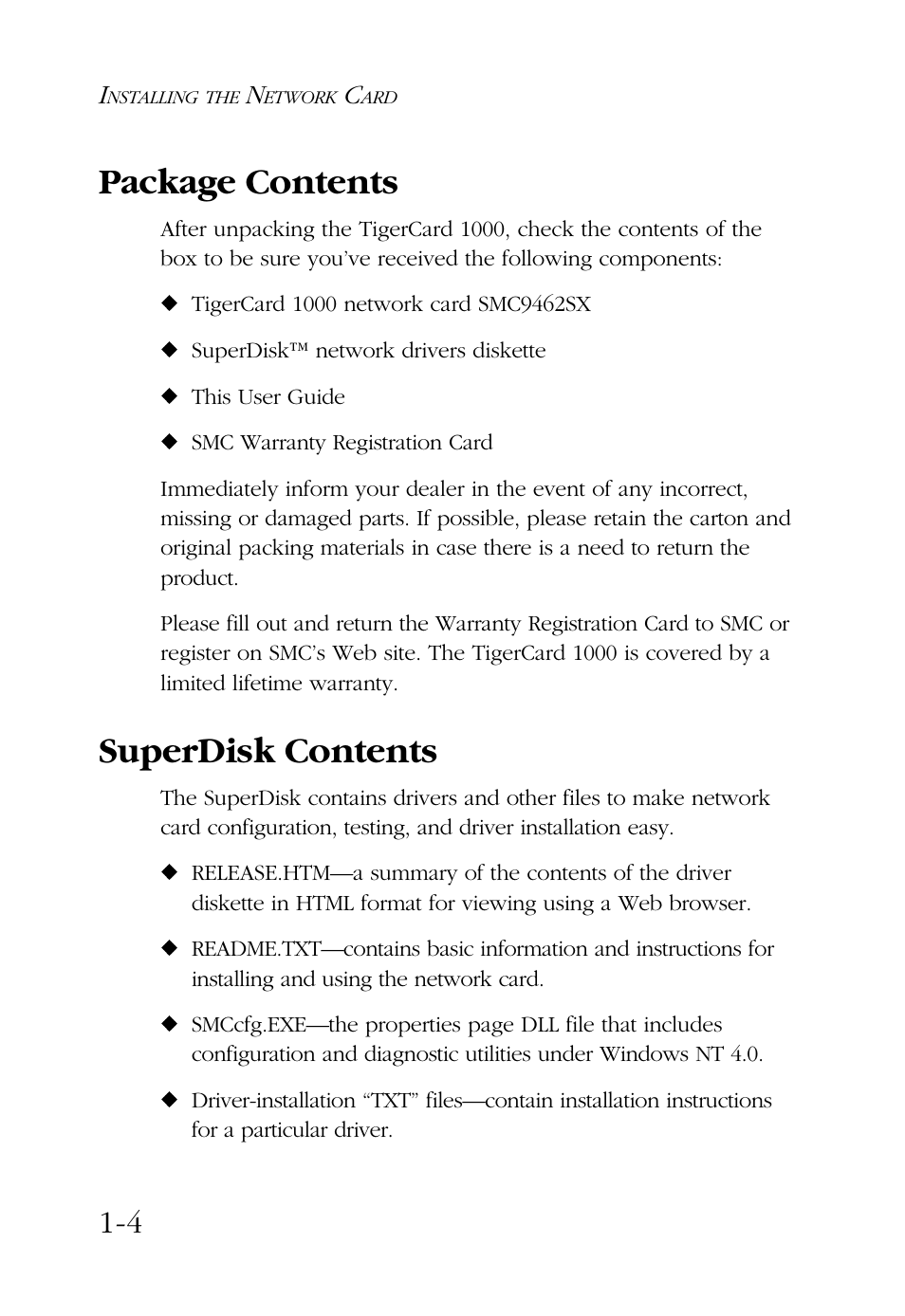 Package contents, Superdisk contents | SMC Networks TigerCard 1000 User Manual | Page 13 / 58