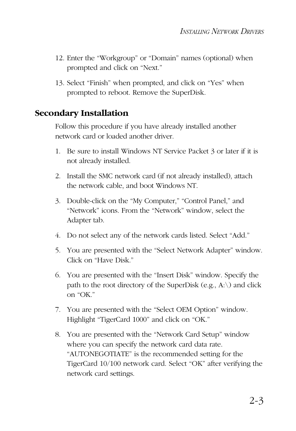 Secondary installation | SMC Networks TigerCard 1000 User Manual | Page 22 / 58