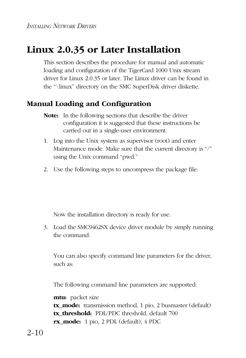 Linux 2.0.35 or later installation, Manual loading and configuration | SMC Networks TigerCard 1000 User Manual | Page 29 / 58