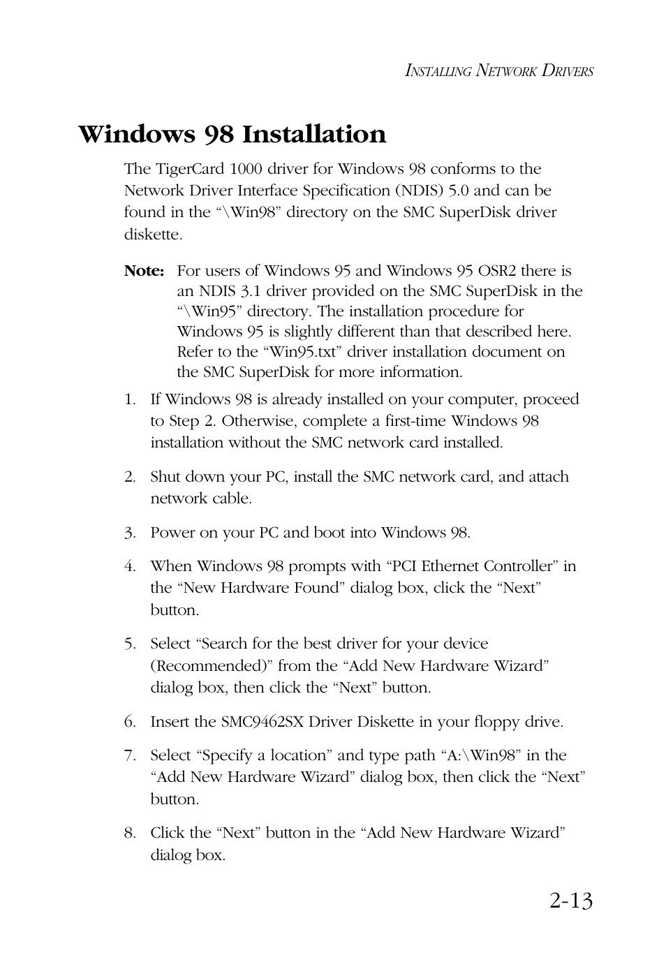 Windows 98 installation | SMC Networks TigerCard 1000 User Manual | Page 32 / 58