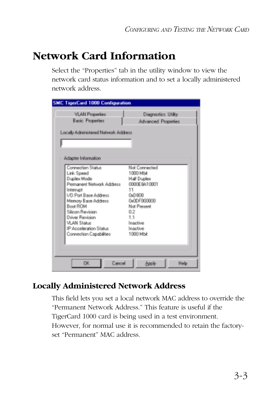 Network card information, Locally administered network address | SMC Networks TigerCard 1000 User Manual | Page 38 / 58