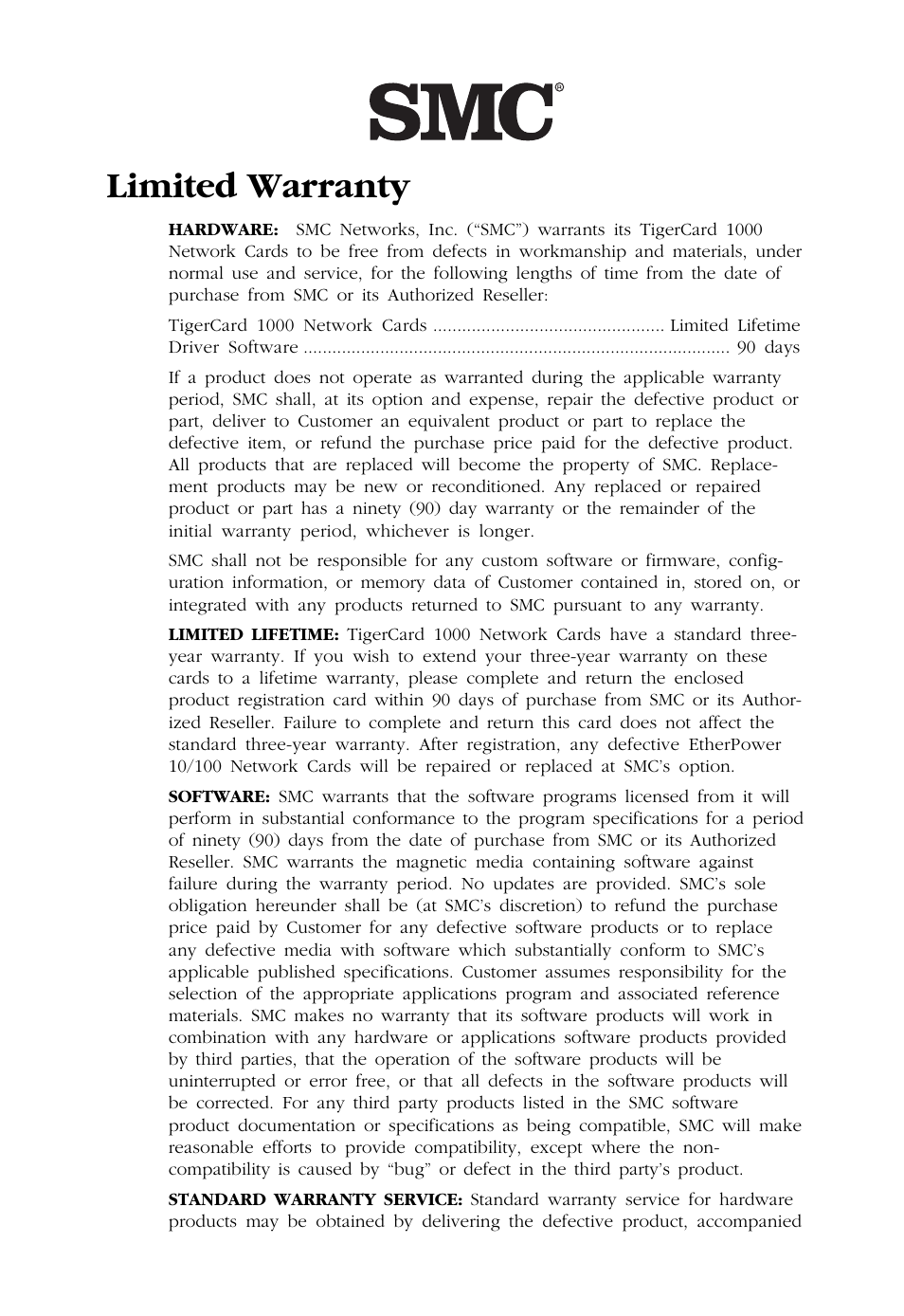 Limited warranty | SMC Networks TigerCard 1000 User Manual | Page 4 / 58