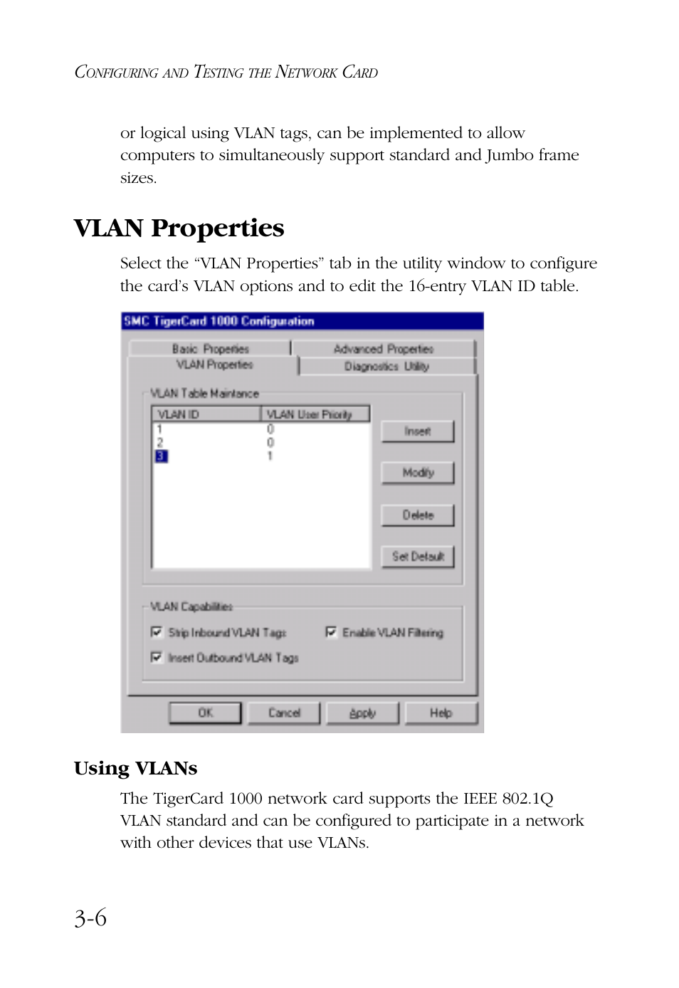 Vlan properties, Using vlans | SMC Networks TigerCard 1000 User Manual | Page 41 / 58