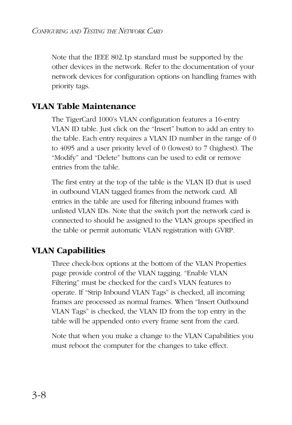 Vlan table maintenance, Vlan capabilities | SMC Networks TigerCard 1000 User Manual | Page 43 / 58
