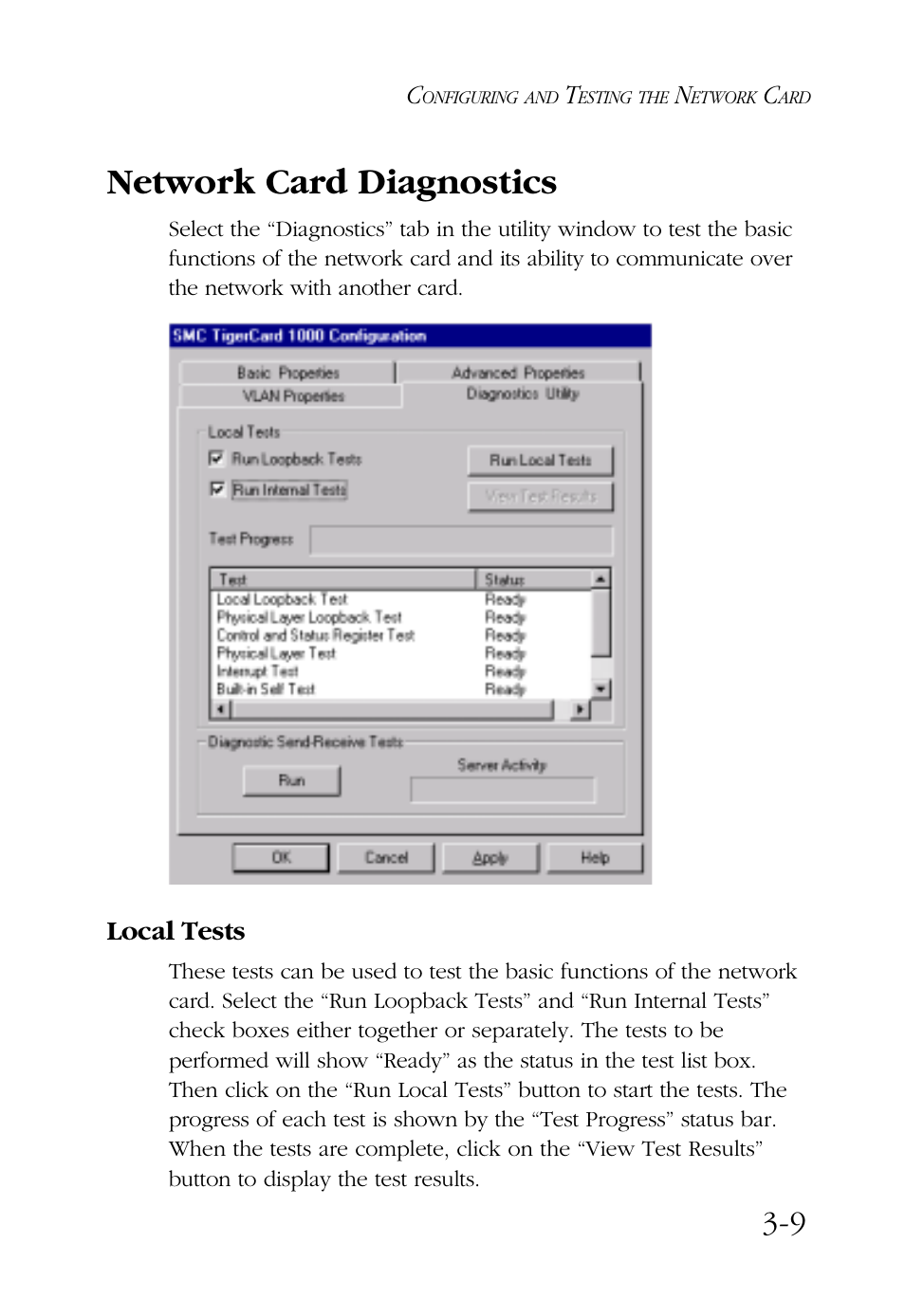Network card diagnostics, Local tests | SMC Networks TigerCard 1000 User Manual | Page 44 / 58