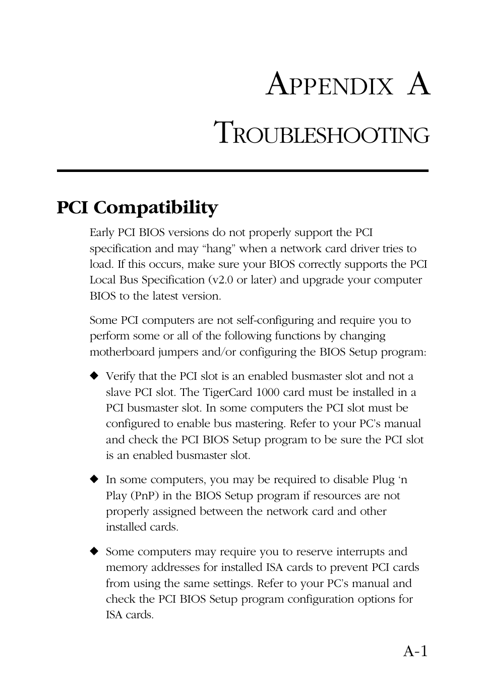 Appendix a troubleshooting, Pci compatibility, Ppendix | Roubleshooting | SMC Networks TigerCard 1000 User Manual | Page 46 / 58