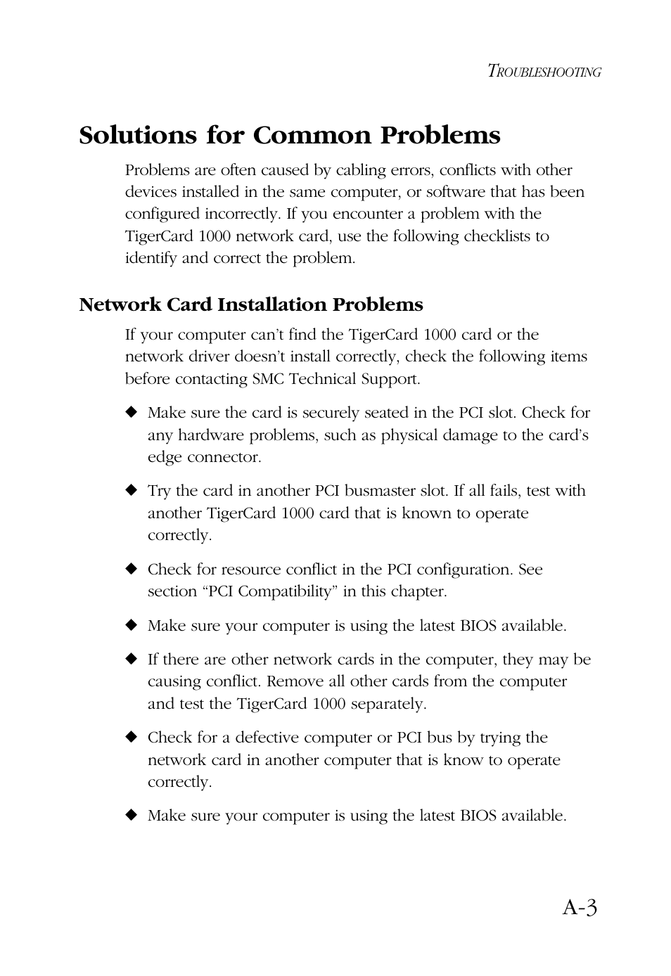 Solutions for common problems, Network card installation problems | SMC Networks TigerCard 1000 User Manual | Page 48 / 58