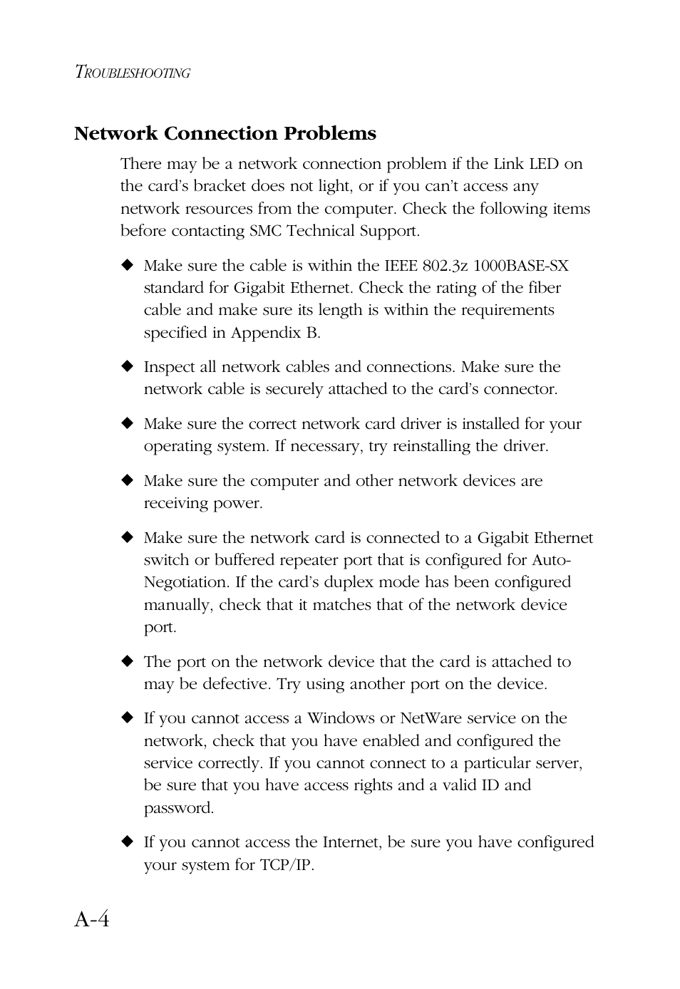 Network connection problems | SMC Networks TigerCard 1000 User Manual | Page 49 / 58
