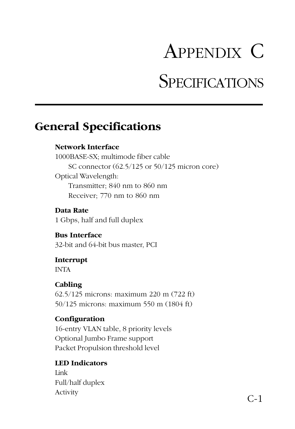 Appendix c specifications, General specifications, Ppendix | Pecifications | SMC Networks TigerCard 1000 User Manual | Page 52 / 58