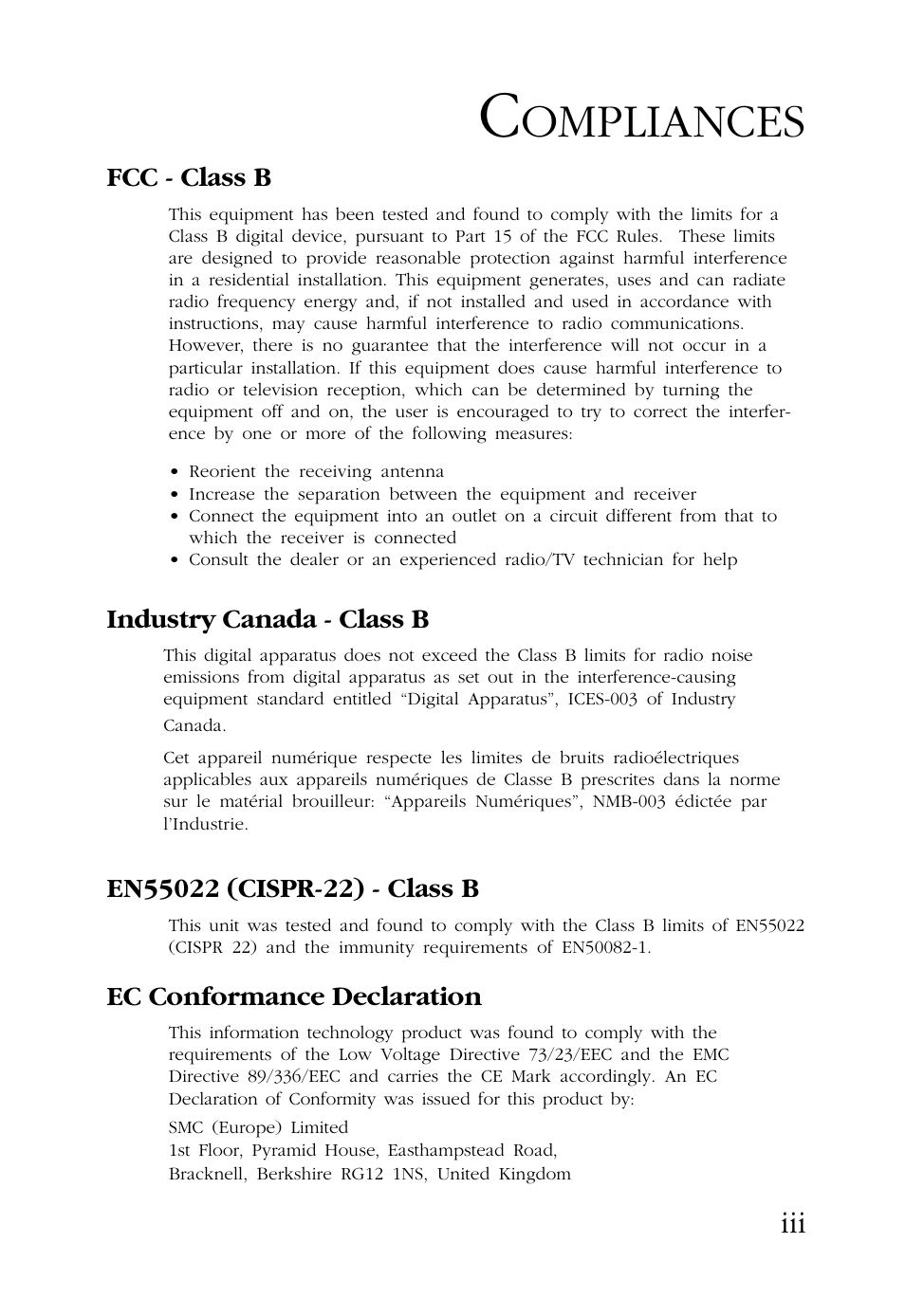 Compliances, Ompliances | SMC Networks TigerCard 1000 User Manual | Page 8 / 58