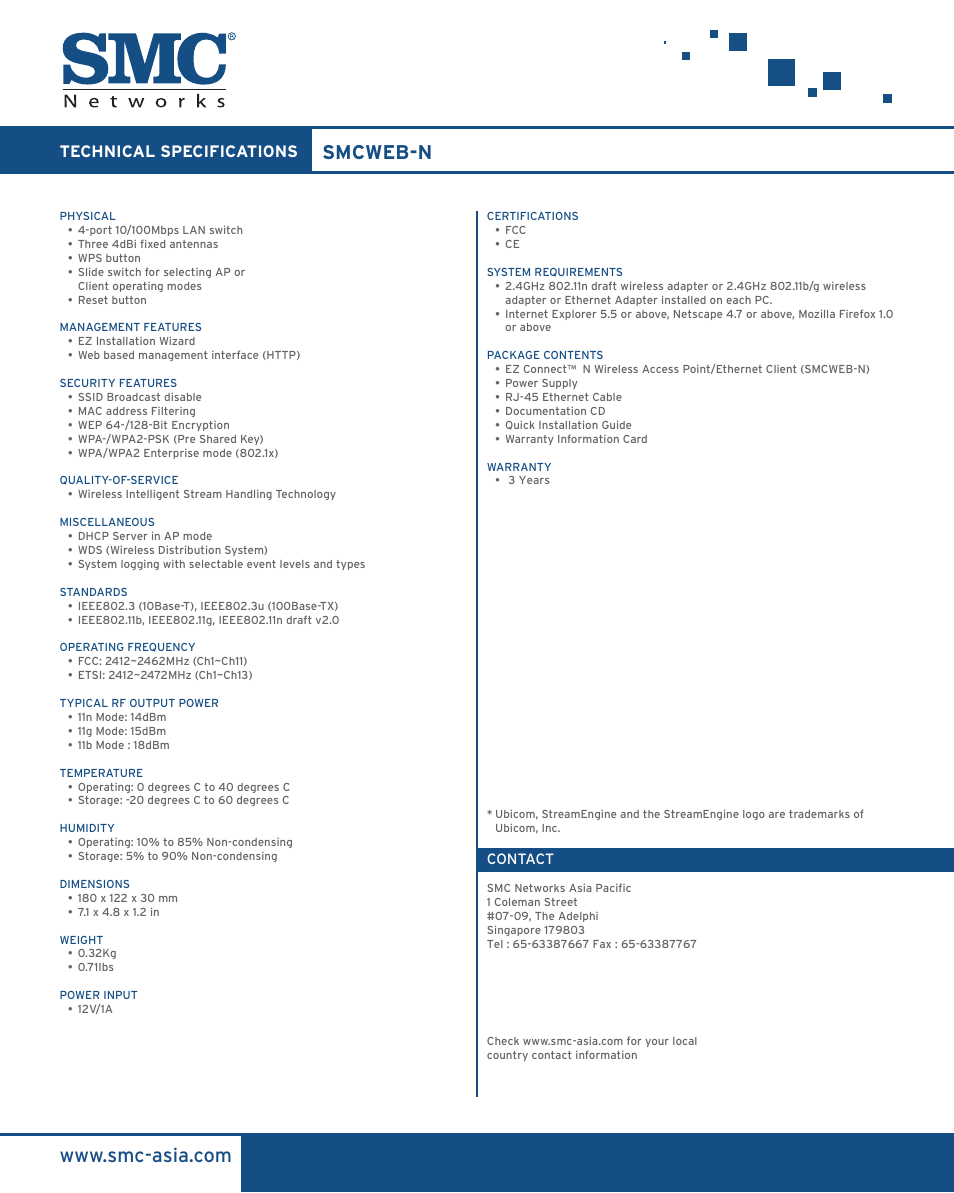 Smcweb-n, Technical specifications | SMC Networks EZ Connect SMCWEB-N User Manual | Page 2 / 2