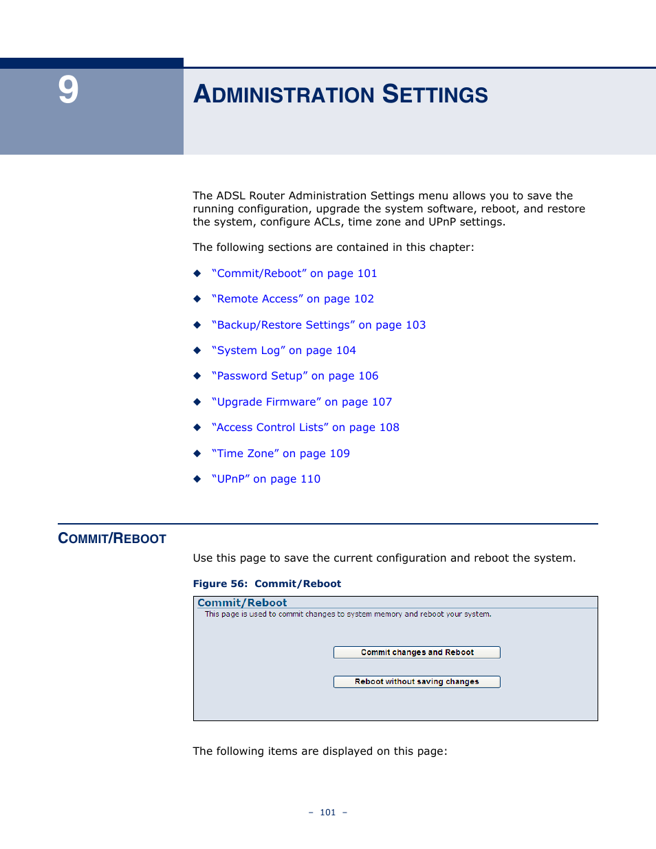 Administration settings, Commit/reboot, Dministration | Ettings, Commit/reboot 101, Figure 56: commit/reboot | SMC Networks BARRICADE SMC7901WBRA2 B1 User Manual | Page 101 / 150