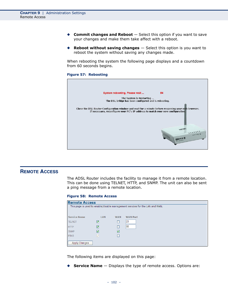 Remote access, Figure 57: rebooting, Figure 58: remote access | SMC Networks BARRICADE SMC7901WBRA2 B1 User Manual | Page 102 / 150