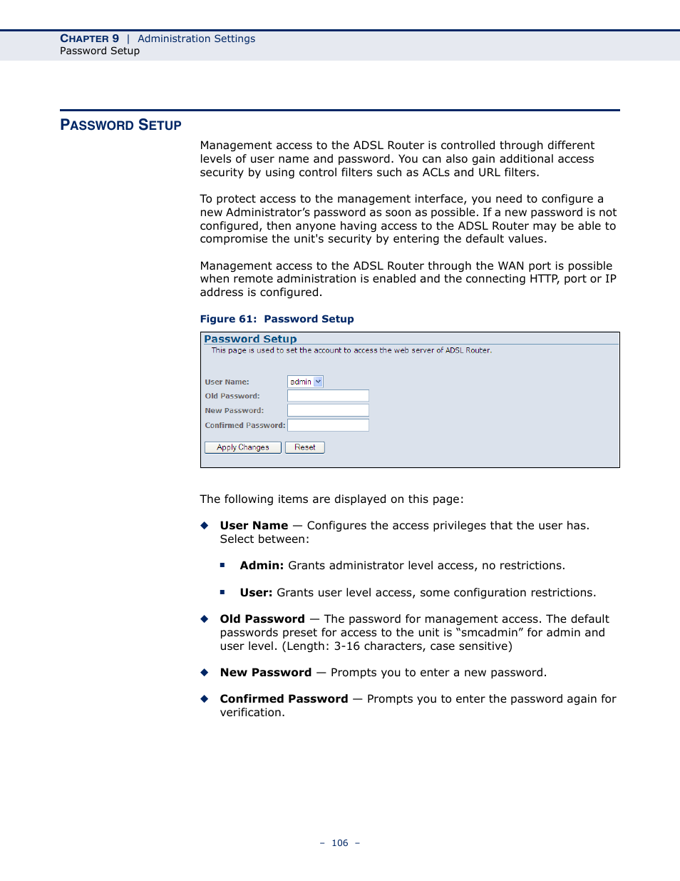 Password setup, Figure 61: password setup | SMC Networks BARRICADE SMC7901WBRA2 B1 User Manual | Page 106 / 150