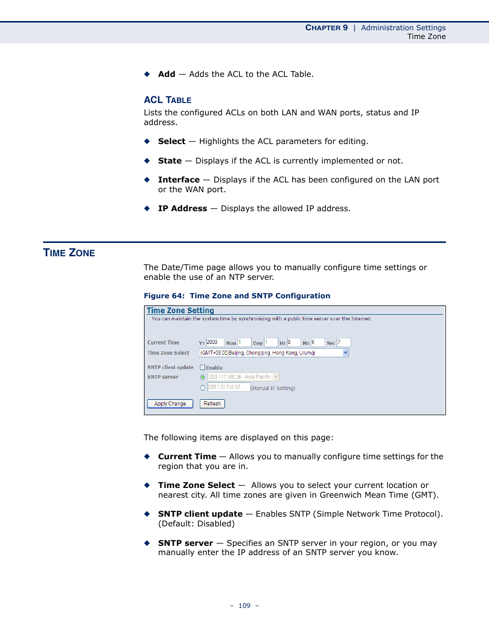 Time zone, Figure 64: time zone and sntp configuration | SMC Networks BARRICADE SMC7901WBRA2 B1 User Manual | Page 109 / 150