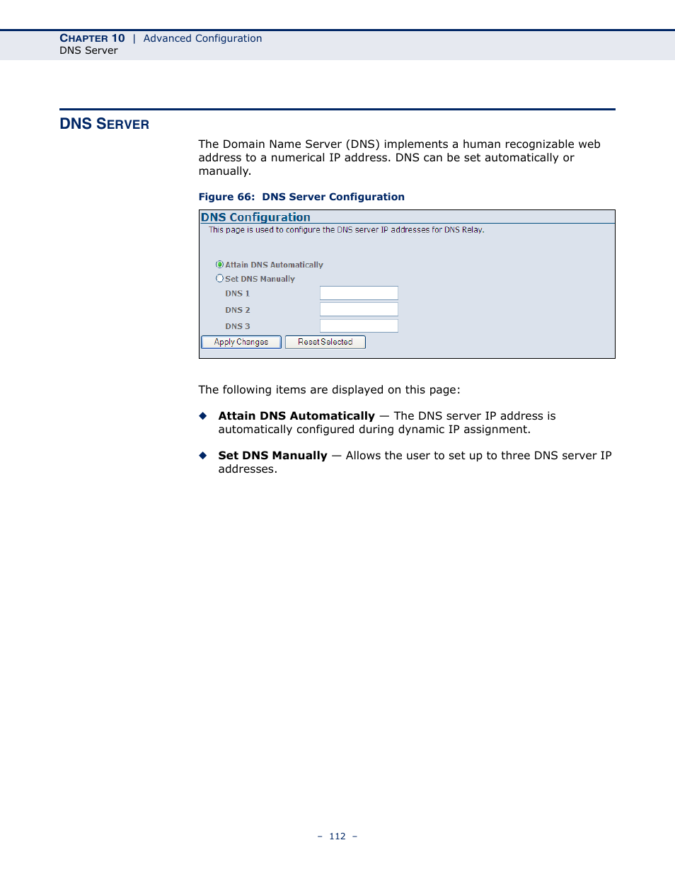 Dns server, Figure 66: dns server configuration, Dns s | SMC Networks BARRICADE SMC7901WBRA2 B1 User Manual | Page 112 / 150