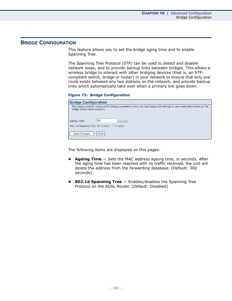 Bridge configuration, Figure 73: bridge configuration | SMC Networks BARRICADE SMC7901WBRA2 B1 User Manual | Page 121 / 150