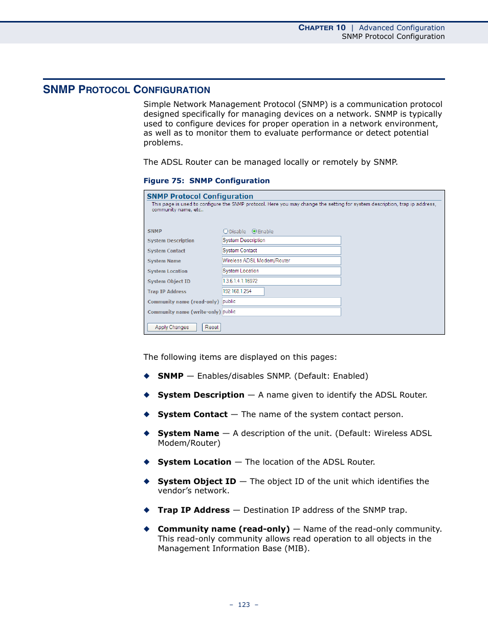 Snmp protocol configuration, Figure 75: snmp configuration, Snmp p | SMC Networks BARRICADE SMC7901WBRA2 B1 User Manual | Page 123 / 150