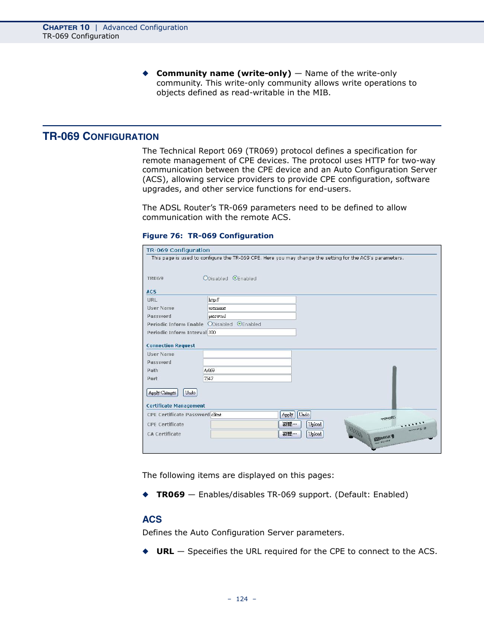 Tr-069 configuration, Figure 76: tr-069 configuration, Tr-069 c | SMC Networks BARRICADE SMC7901WBRA2 B1 User Manual | Page 124 / 150