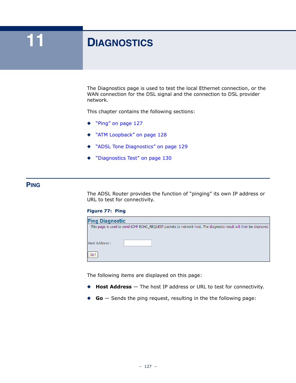 Diagnostics, Ping, 11 d | Iagnostics, Figure 77: ping | SMC Networks BARRICADE SMC7901WBRA2 B1 User Manual | Page 127 / 150