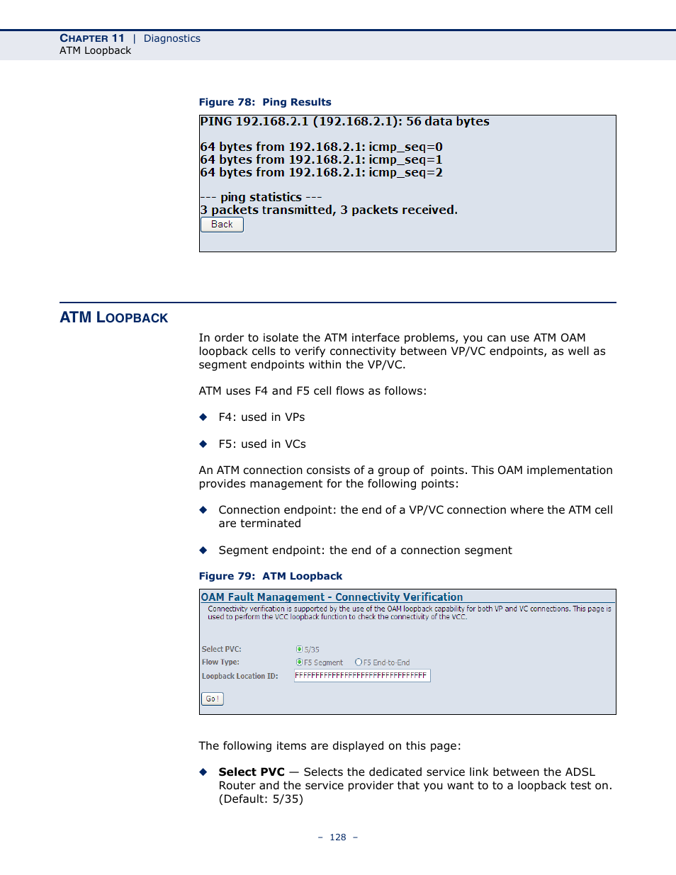 Atm loopback, Figure 78: ping results, Figure 79: atm loopback | Atm l | SMC Networks BARRICADE SMC7901WBRA2 B1 User Manual | Page 128 / 150