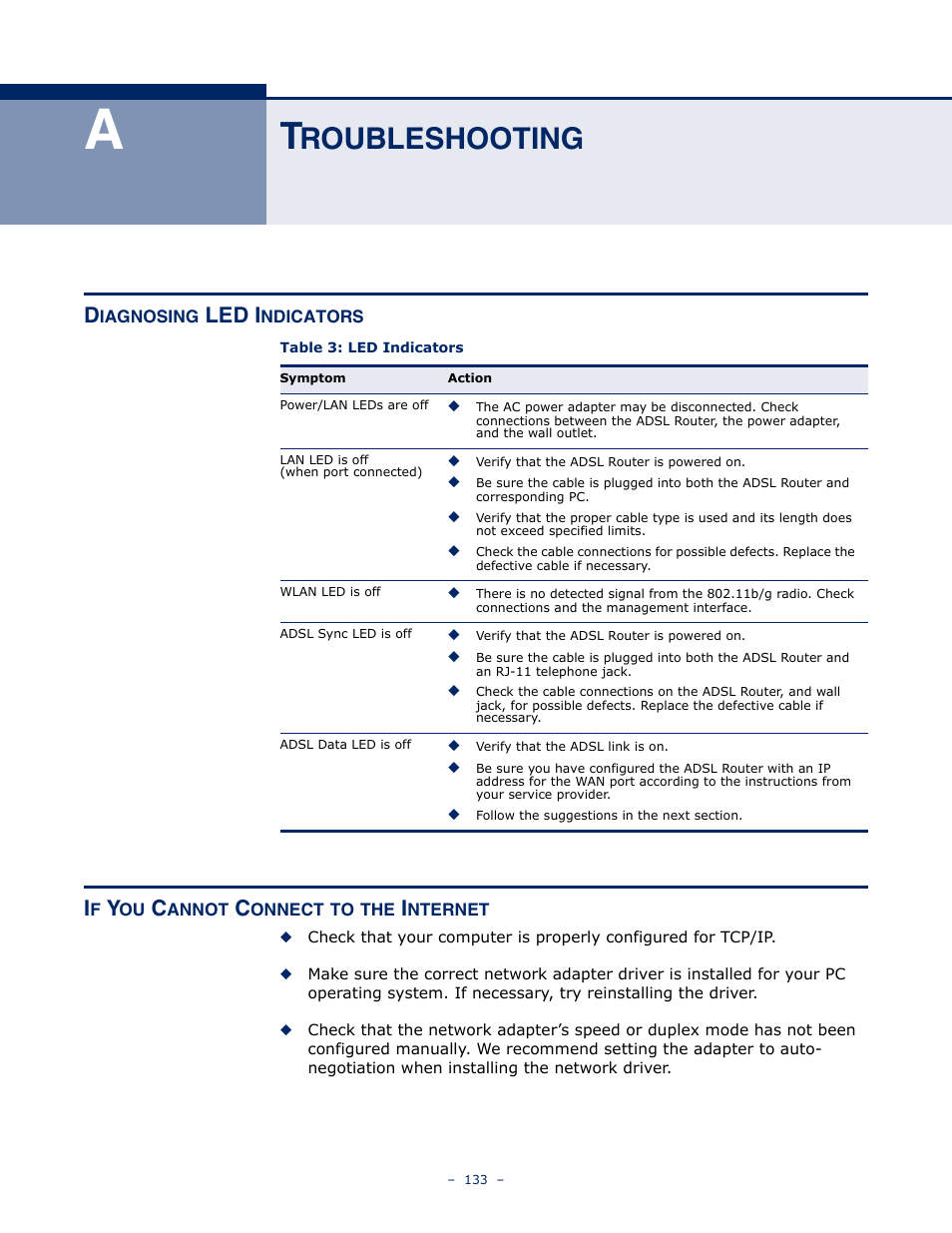 Troubleshooting, Diagnosing led indicators, If you cannot connect to the internet | Roubleshooting, Table 3: led indicators, Led i | SMC Networks BARRICADE SMC7901WBRA2 B1 User Manual | Page 133 / 150