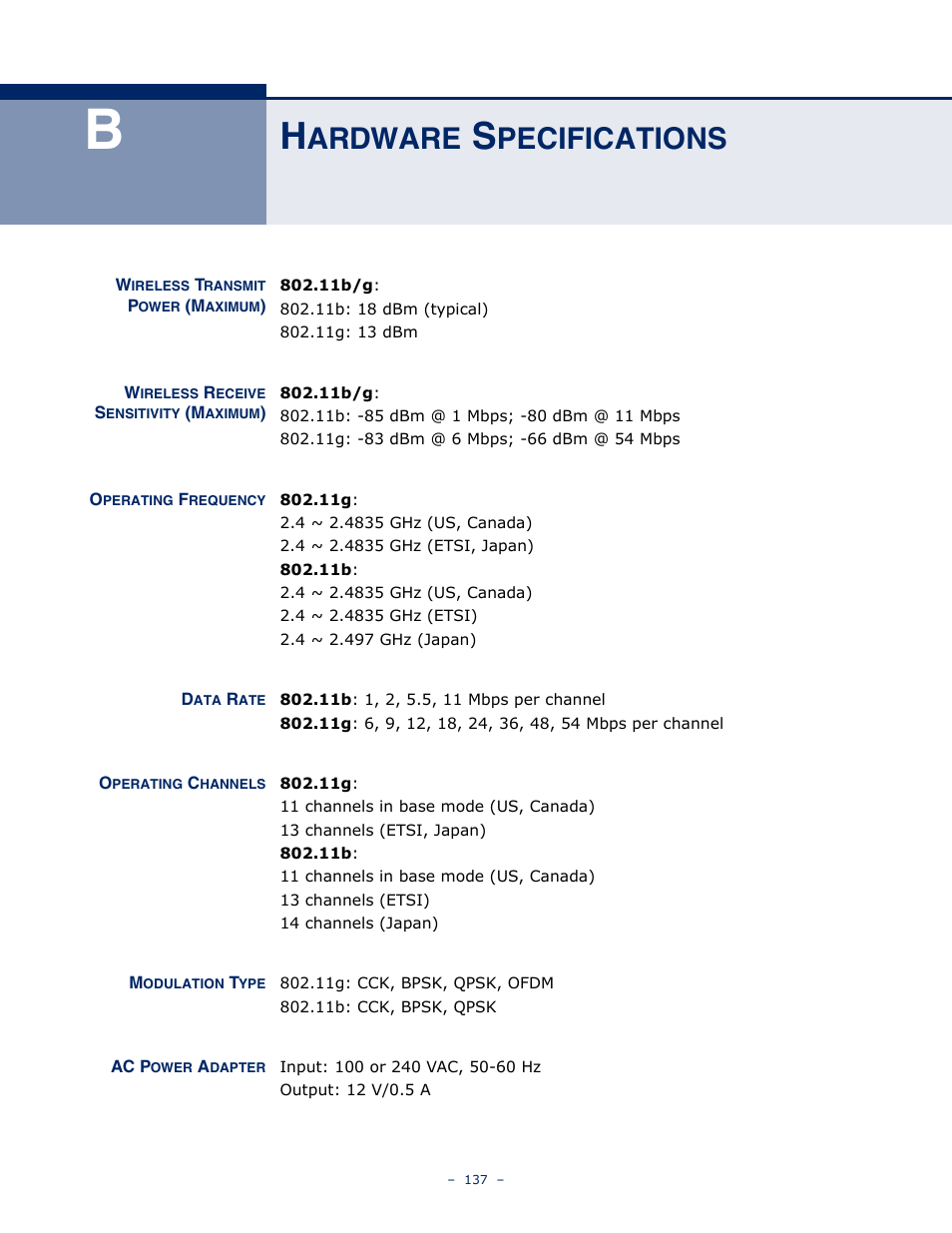 Hardware specifications, Ardware, Pecifications | SMC Networks BARRICADE SMC7901WBRA2 B1 User Manual | Page 137 / 150