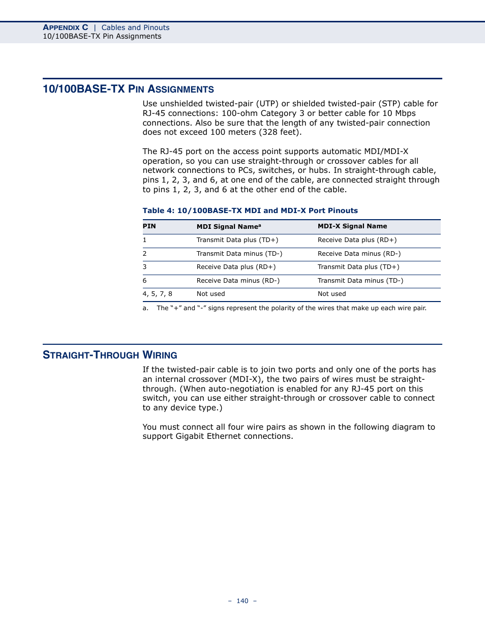 10/100base-tx pin assignments, Straight-through wiring, Table 4: 10/100base-tx mdi and mdi-x port pinouts | SMC Networks BARRICADE SMC7901WBRA2 B1 User Manual | Page 140 / 150