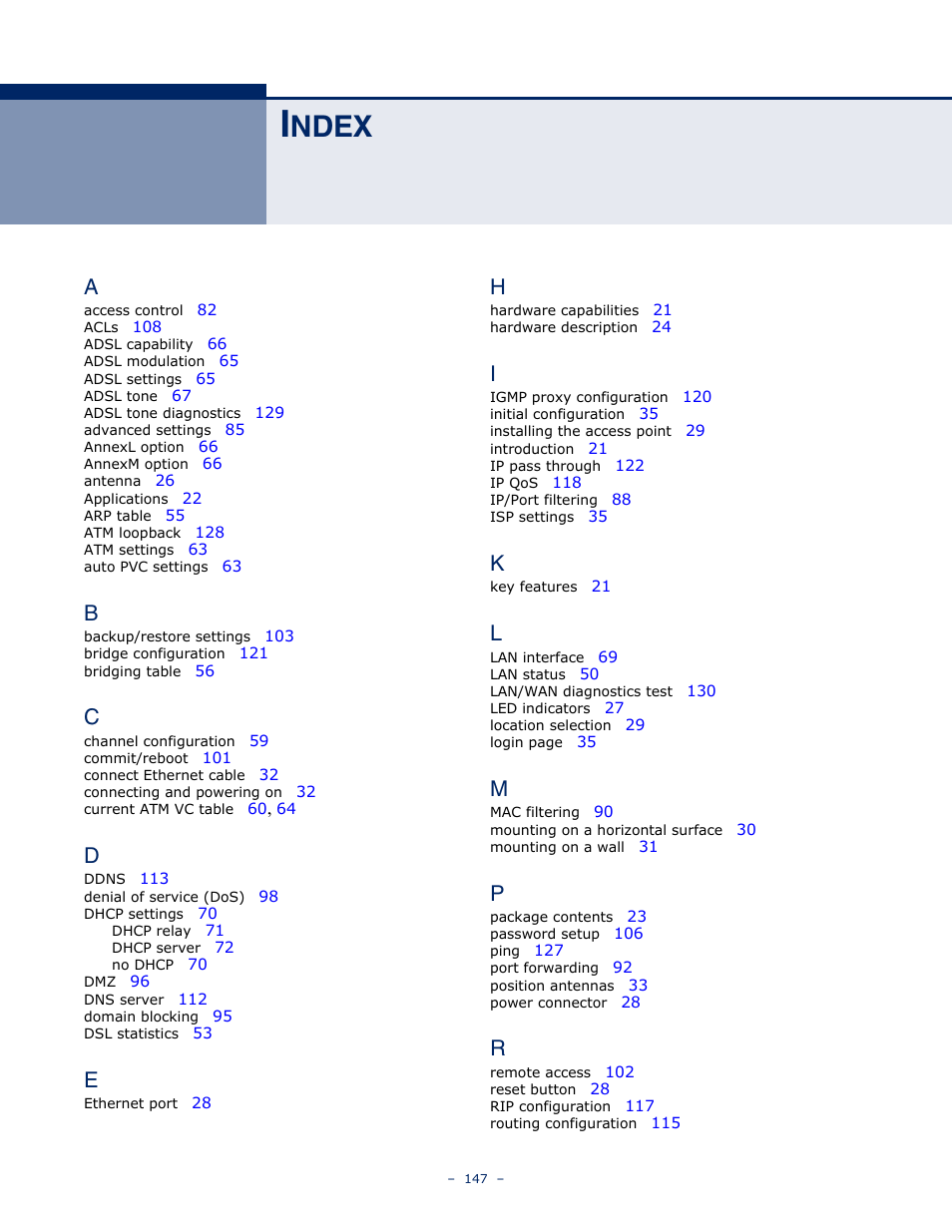 Index, Ndex | SMC Networks BARRICADE SMC7901WBRA2 B1 User Manual | Page 147 / 150