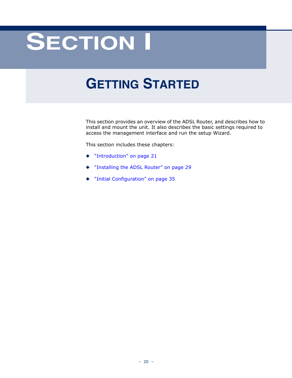 Getting started, Ection, Etting | Tarted | SMC Networks BARRICADE SMC7901WBRA2 B1 User Manual | Page 20 / 150