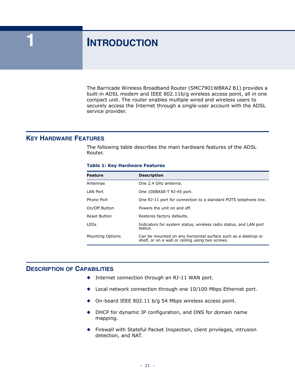 Introduction, Key hardware features, Description of capabilities | Ntroduction, Table 1: key hardware features | SMC Networks BARRICADE SMC7901WBRA2 B1 User Manual | Page 21 / 150